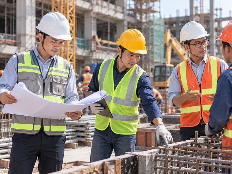 Kỹ sư công trường mặc áo bảo hộ phản quang